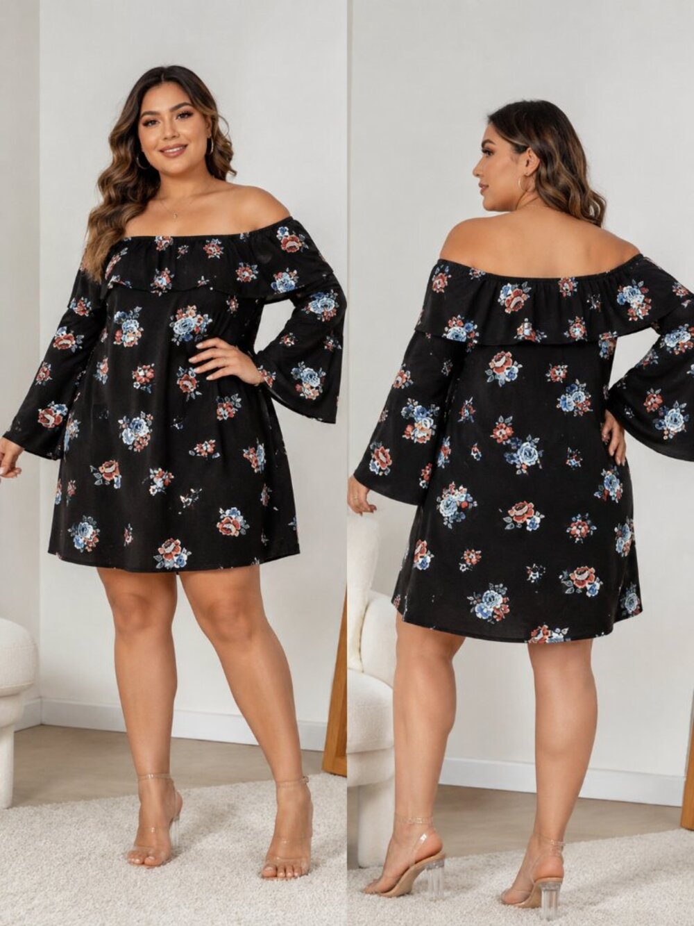 Mittoshop Sz Large Loose A-Line Off Shoulder Floral Black Mini Dress NWT